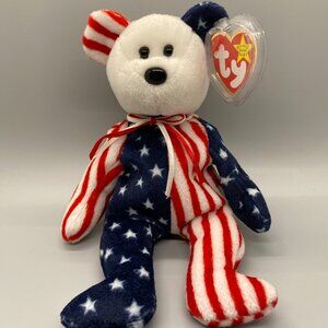 Ty Beanie Babies 1999 White Face Spangle Red White Blue Flag Patriotic Bear